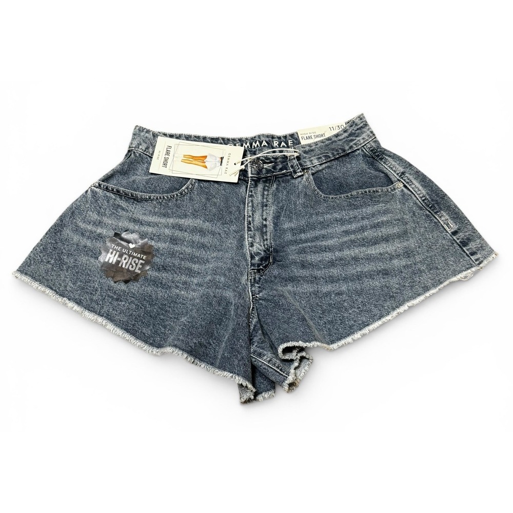 NWT Gemma‎ Rae High Rise Flare Denim Shorts Womens 11/30 Blue Raw Hem